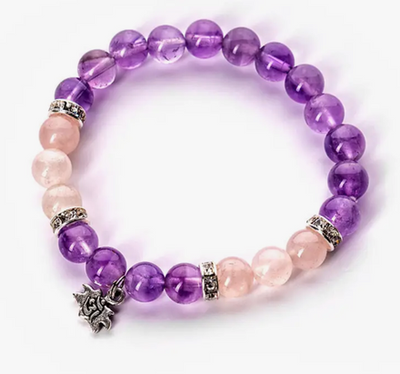Tranquility Bracelet - Amethyst, Rose Quartz & Lotus Charm — Amethyst crystal specimen