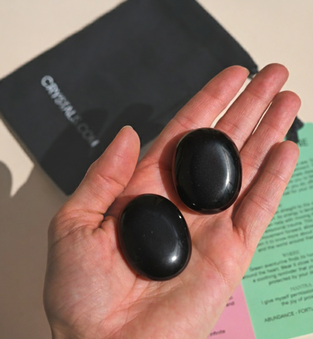 Black Obsidian Palm Stone — Obsidian crystal specimen