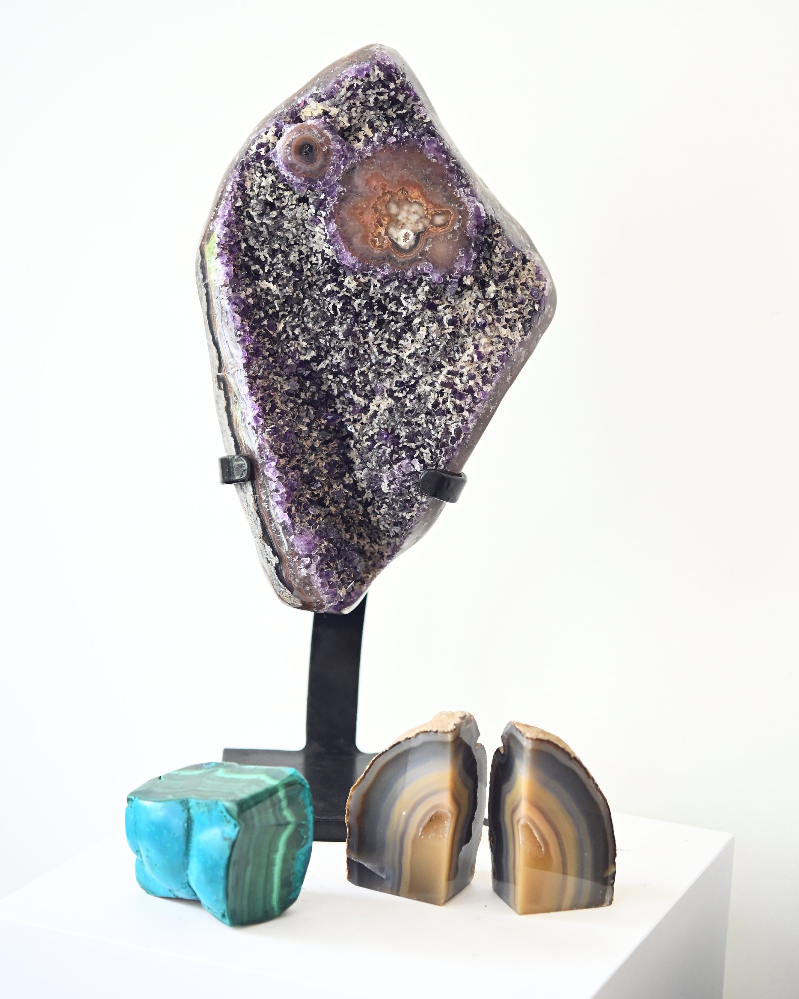 The Protector’s Collection – Amethyst on Stand, Chrysocolla-Malachite & Agate Bookends