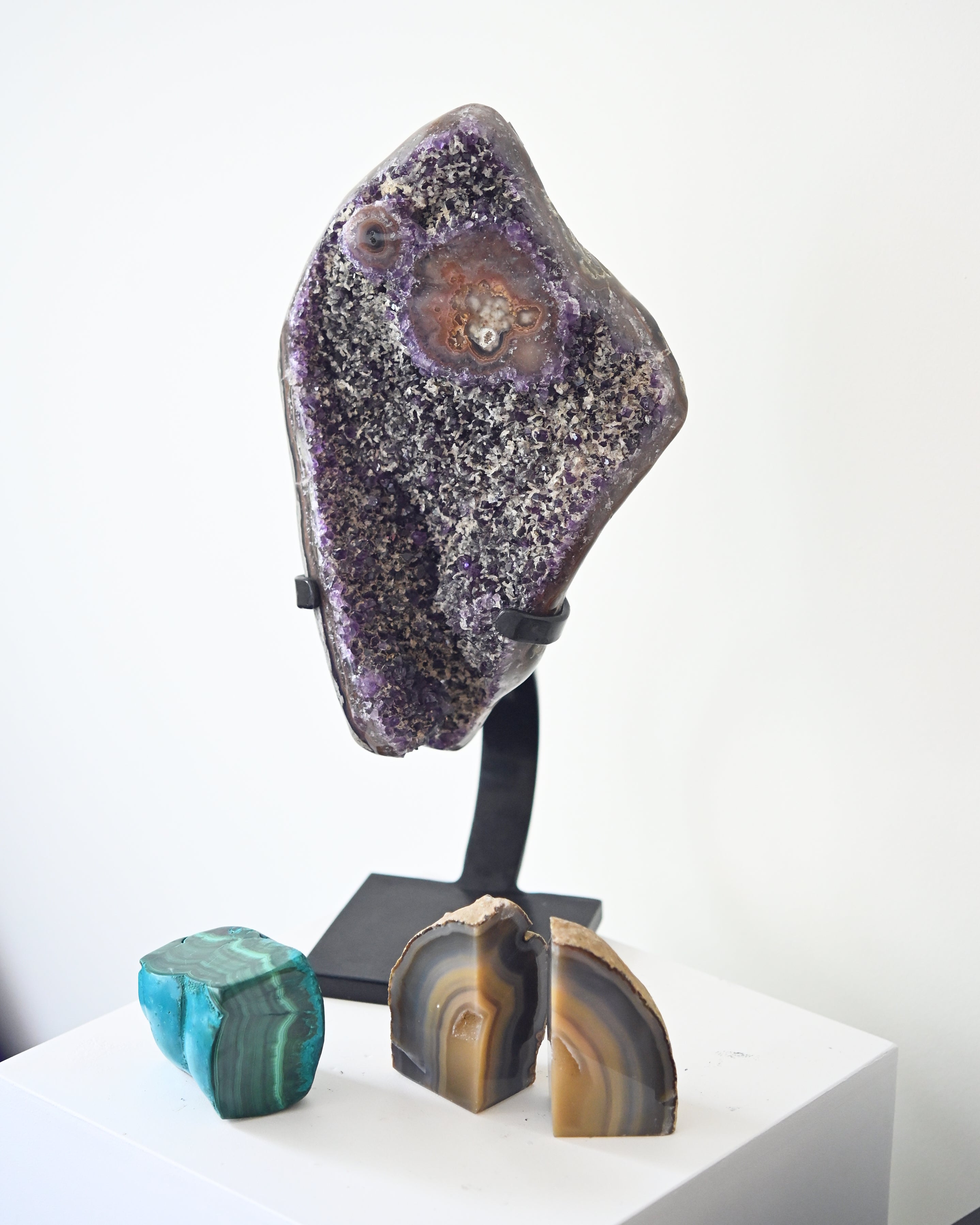 The Protector’s Collection – Amethyst on Stand, Chrysocolla-Malachite & Agate Bookends