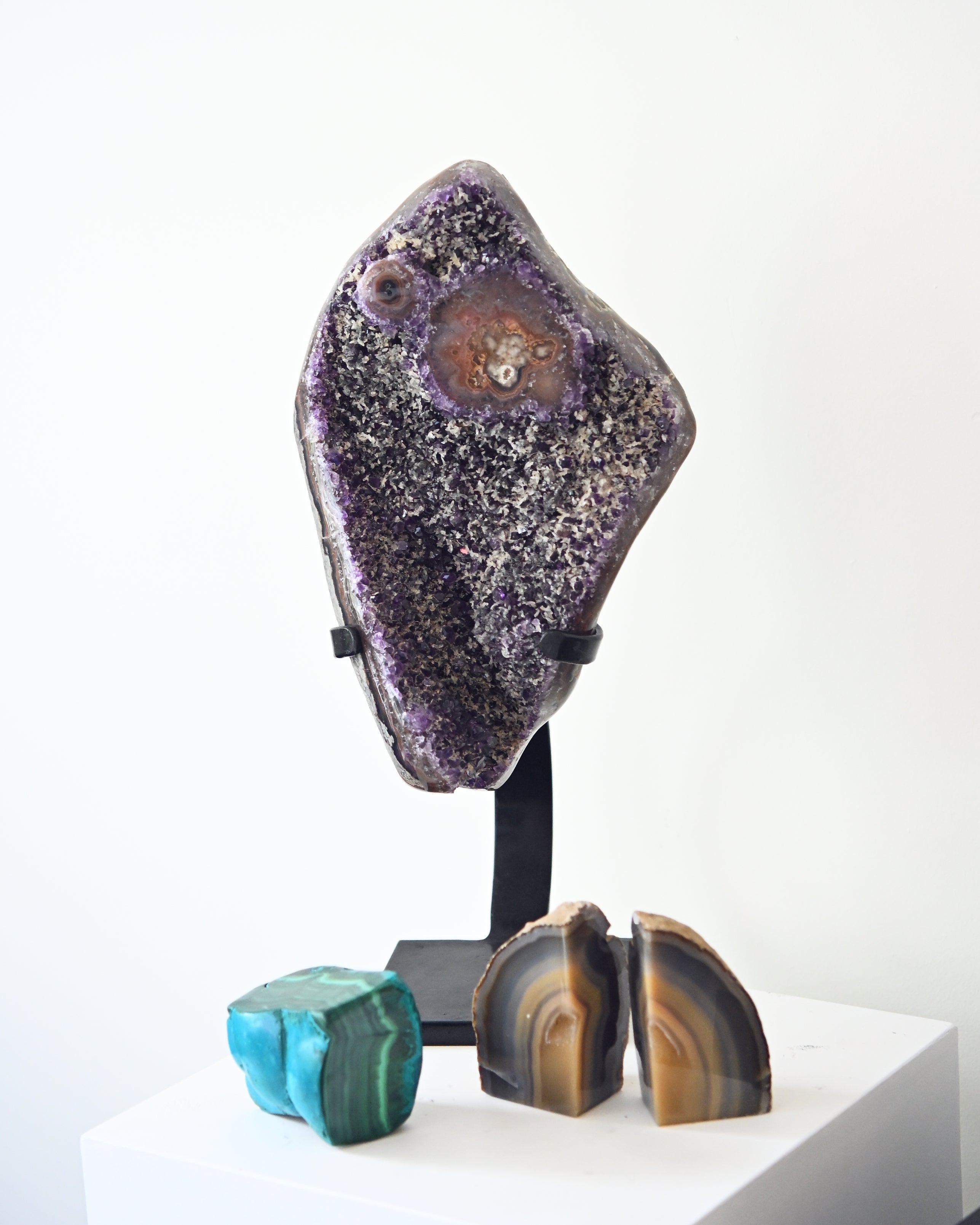 The Protector’s Collection – Amethyst on Stand, Chrysocolla-Malachite & Agate Bookends