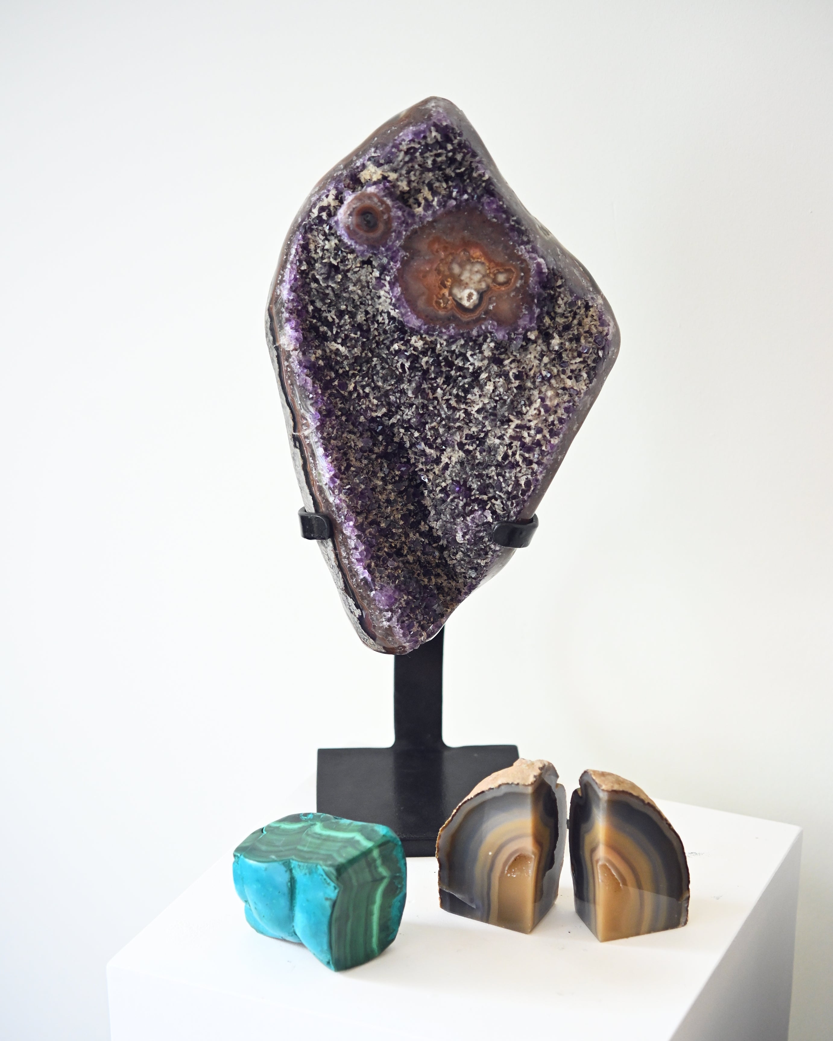 The Protector’s Collection – Amethyst on Stand, Chrysocolla-Malachite & Agate Bookends