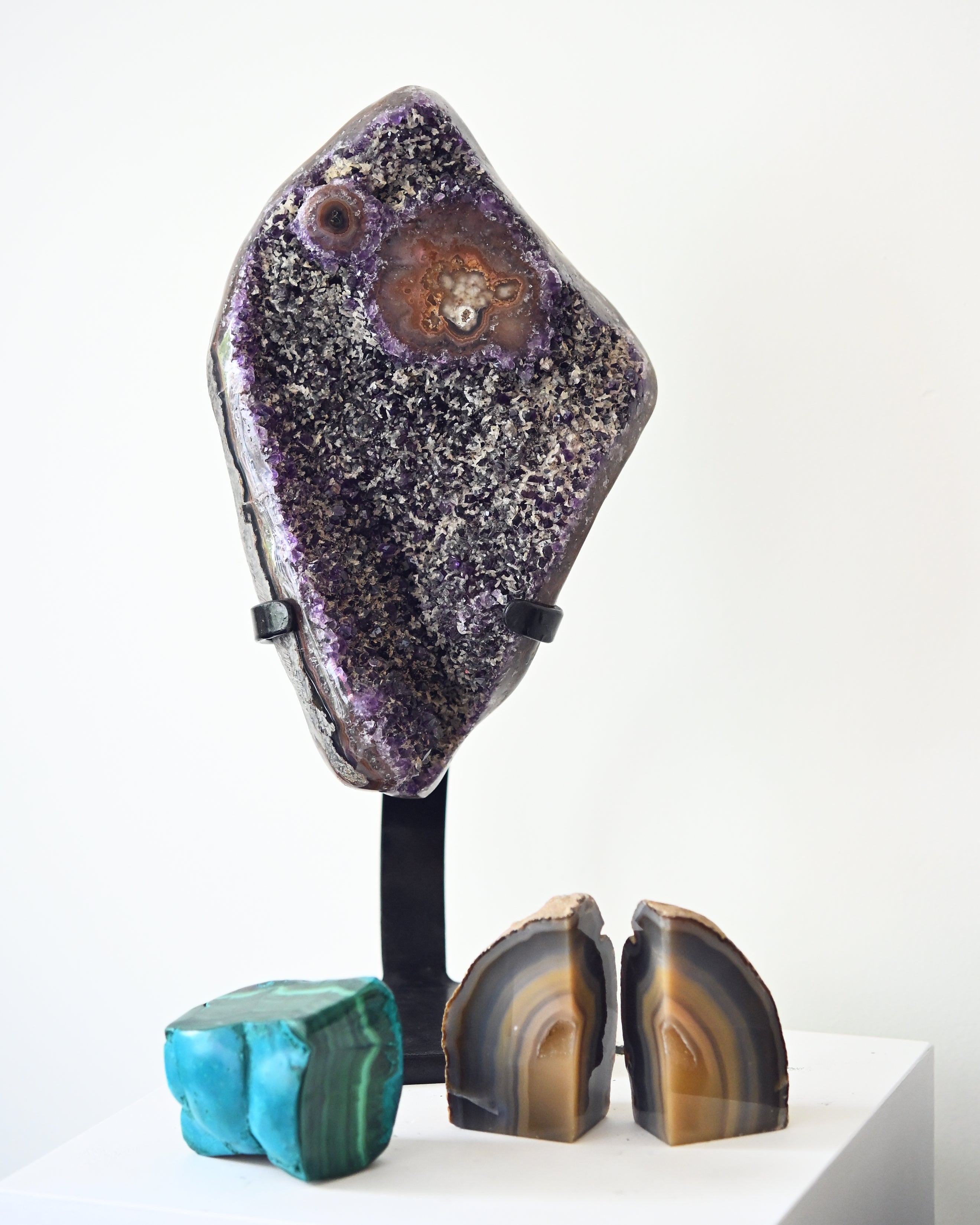 The Protector’s Collection – Amethyst on Stand, Chrysocolla-Malachite & Agate Bookends