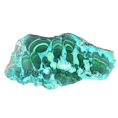 A slab of Malachite and Chrysocolla with rich green swirls and vibrant blue hues, approximately 3 inches in size, against a white background.