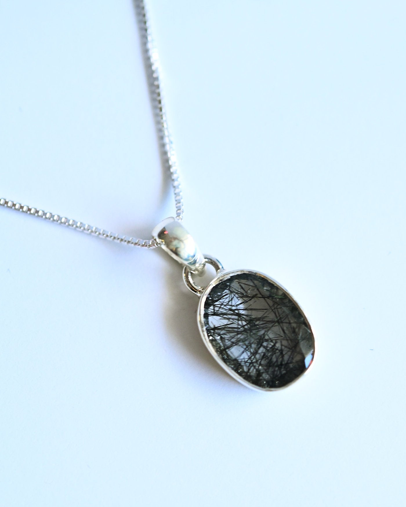 Black Rutile Pendant — Sterling Silver — tourmaline needle inclusions