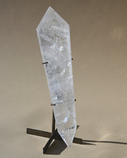 Clear Quartz Double Terminated Vogel on Stand - clear quartz crystal point side view