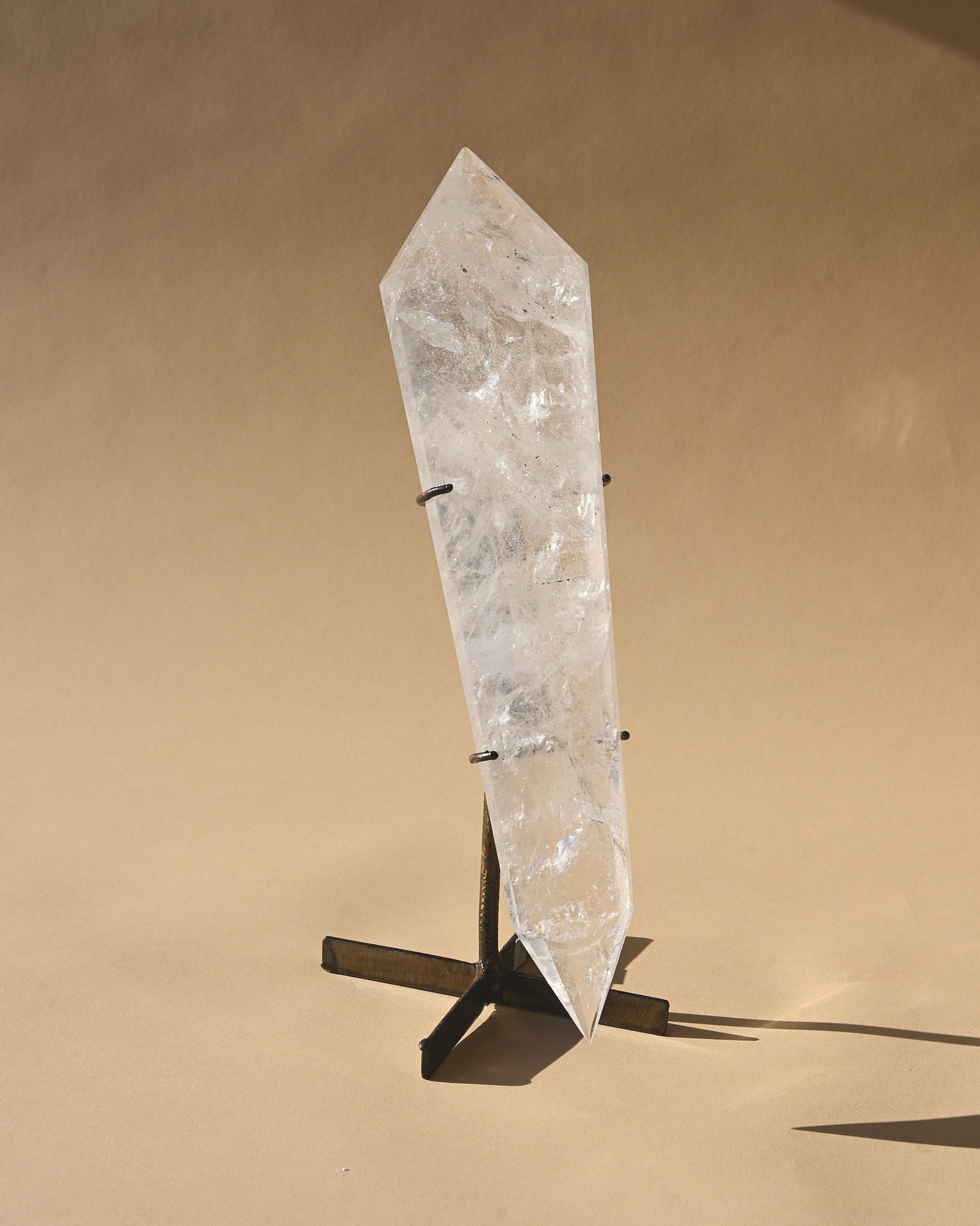 Clear Quartz Double Terminated Vogel on Stand - clear quartz crystal point scale view