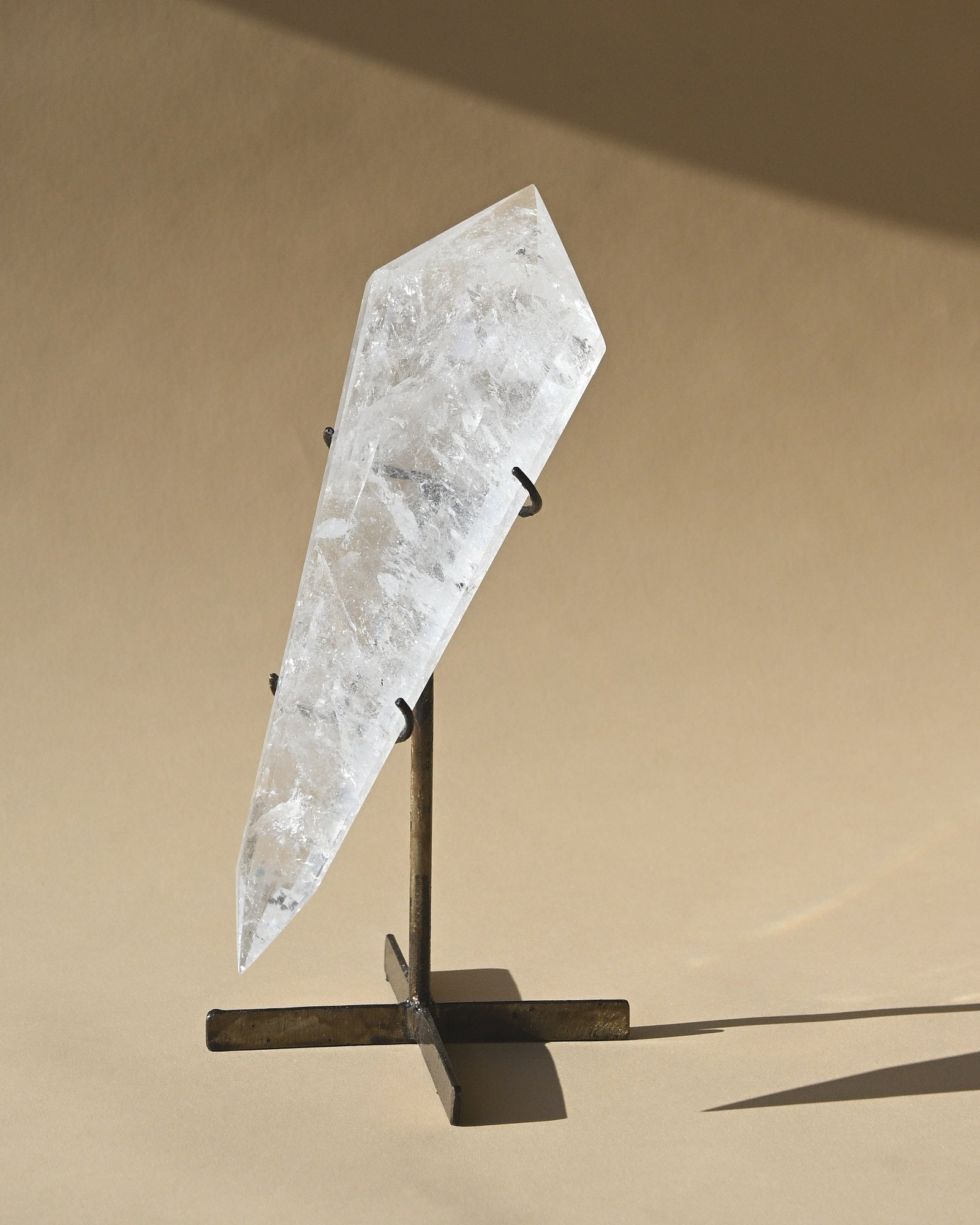 Clear Quartz Double Terminated Point on Stand - clear quartz crystal point side view