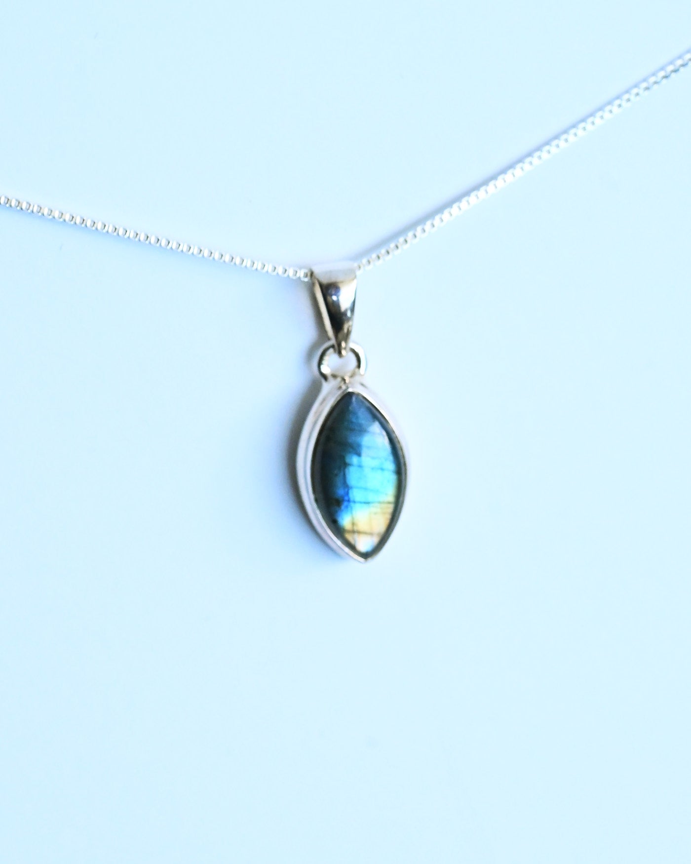 Labradorite Pendant — Sterling Silver — marquise shape with blue-green flash