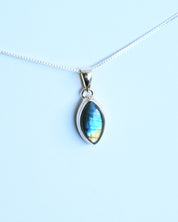 Labradorite Pendant — Sterling Silver — marquise shape with blue-green flash