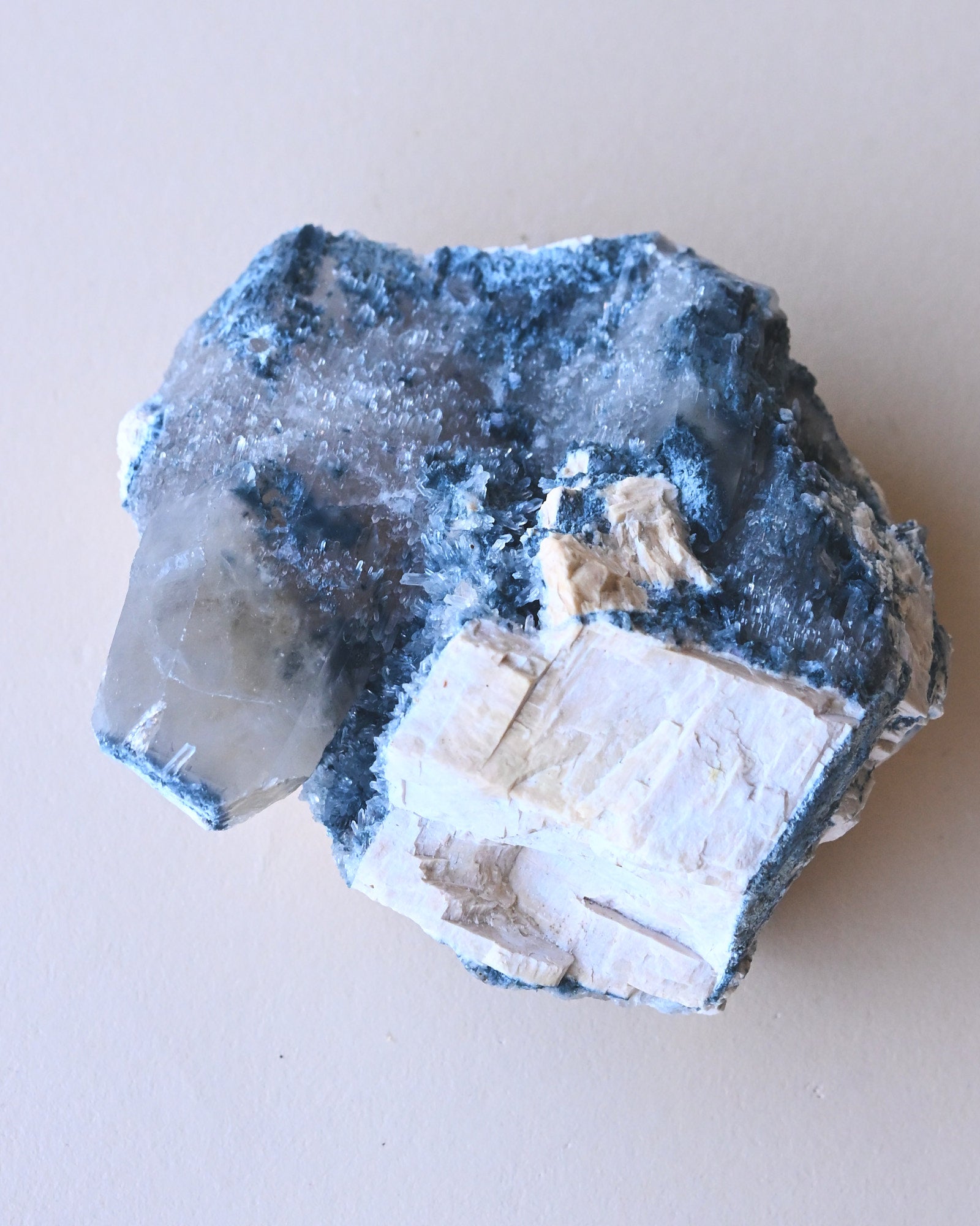 Foitite on Feldspar – Erongo Mountains, Namibia - smoky quartz crystal raw natural styled in home