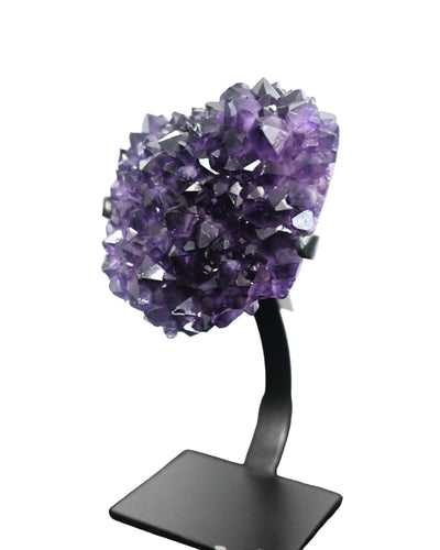 A large amethyst crystal geode displayed on a black custom stand.