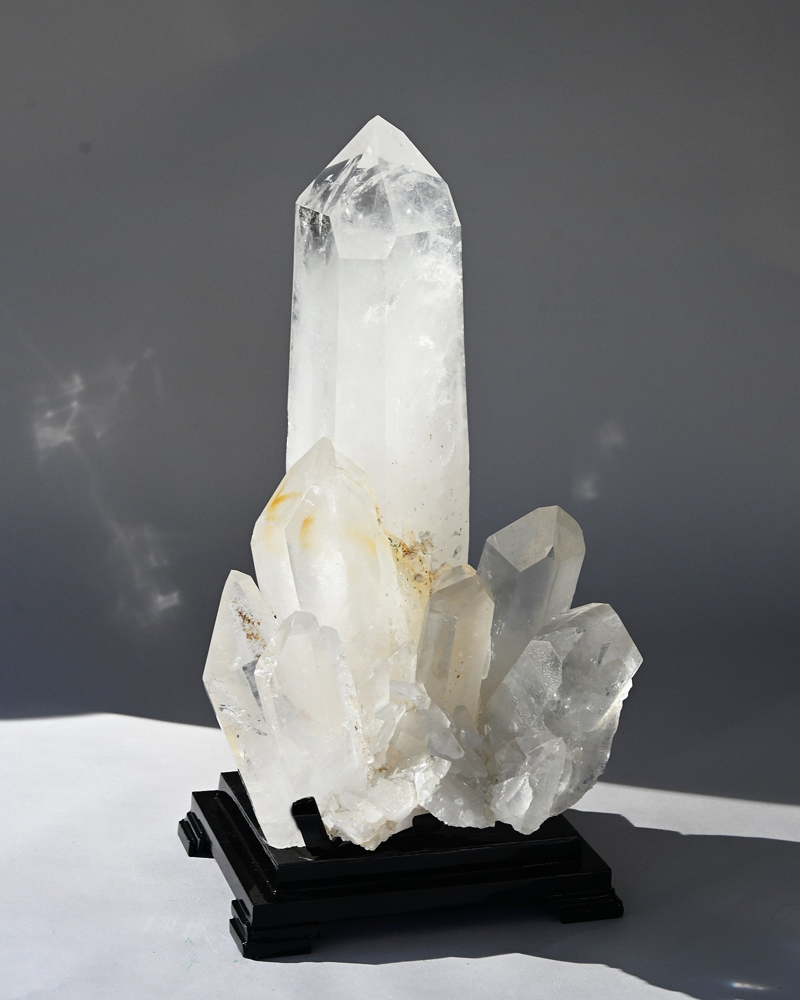 Museum grade 28lb Statement Clear Quartz Multi-Point Cluster on Rotating Stand