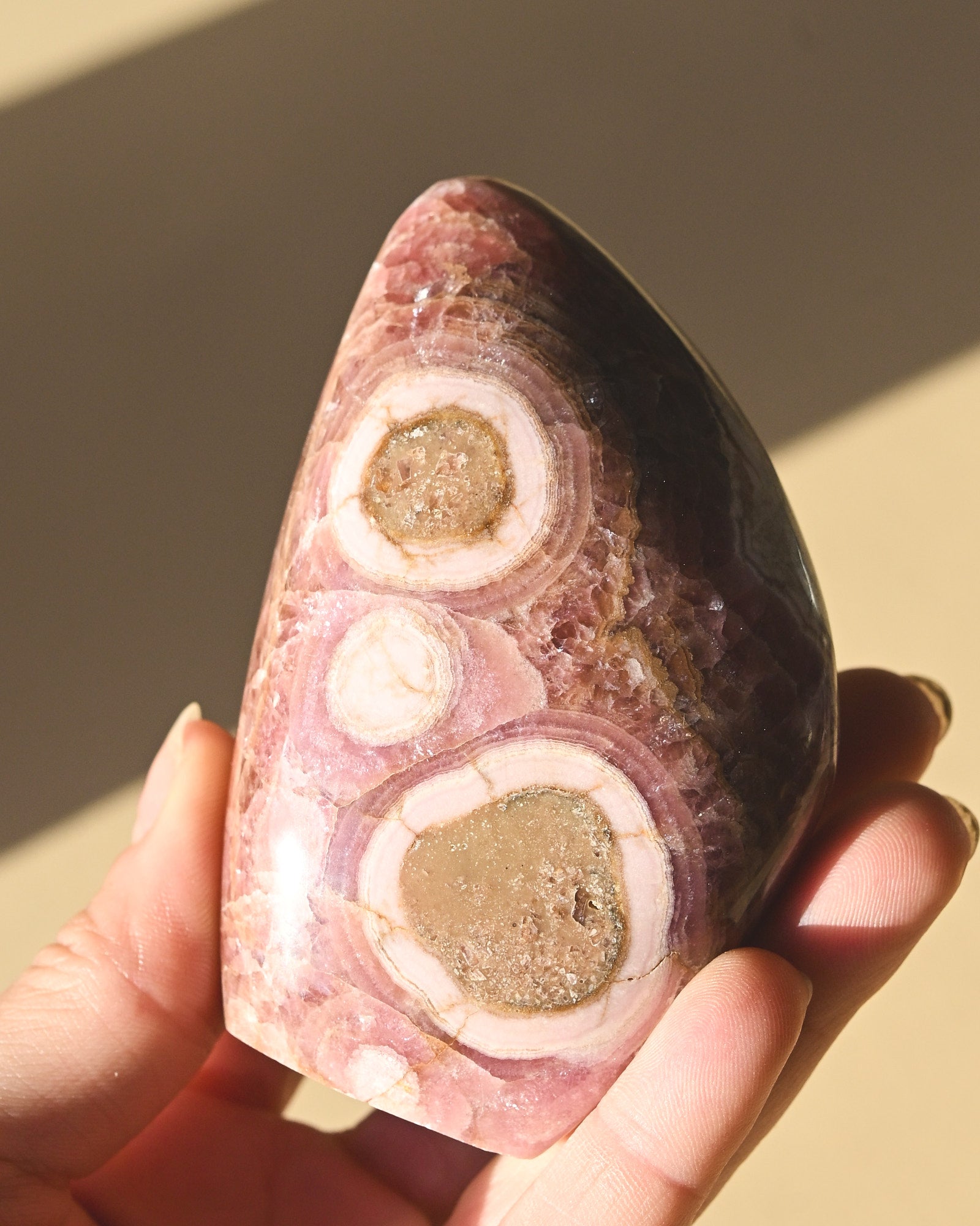 Rhodochrosite Polished Freeform 3in - pyrite crystal freeform sculpture styled in home