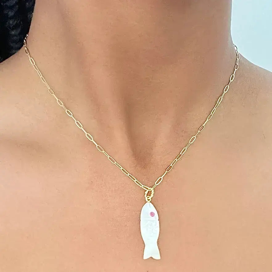 Natural Stone Fish Charm Necklace-Amethyst