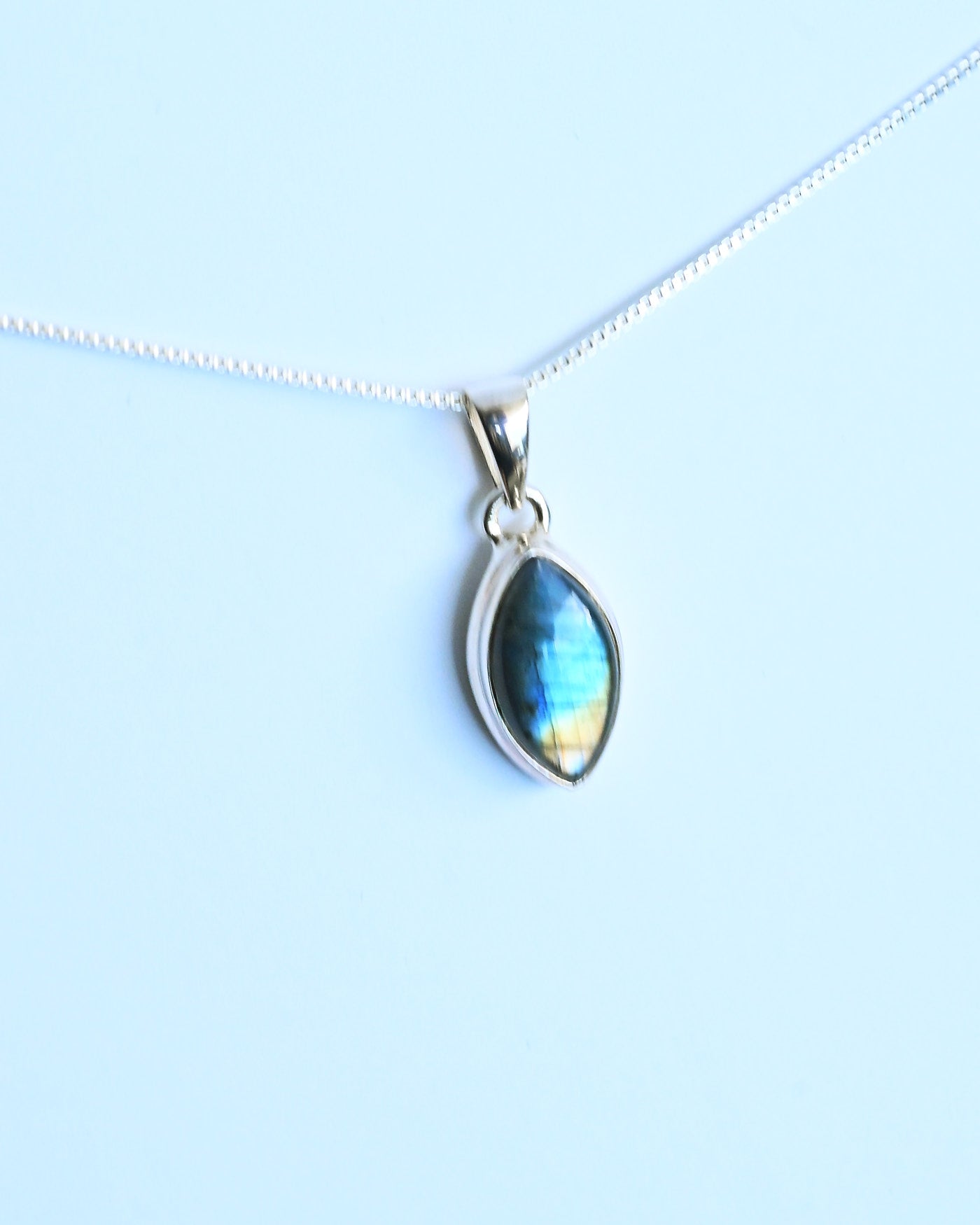 Labradorite Pendant — Sterling Silver — marquise close-up