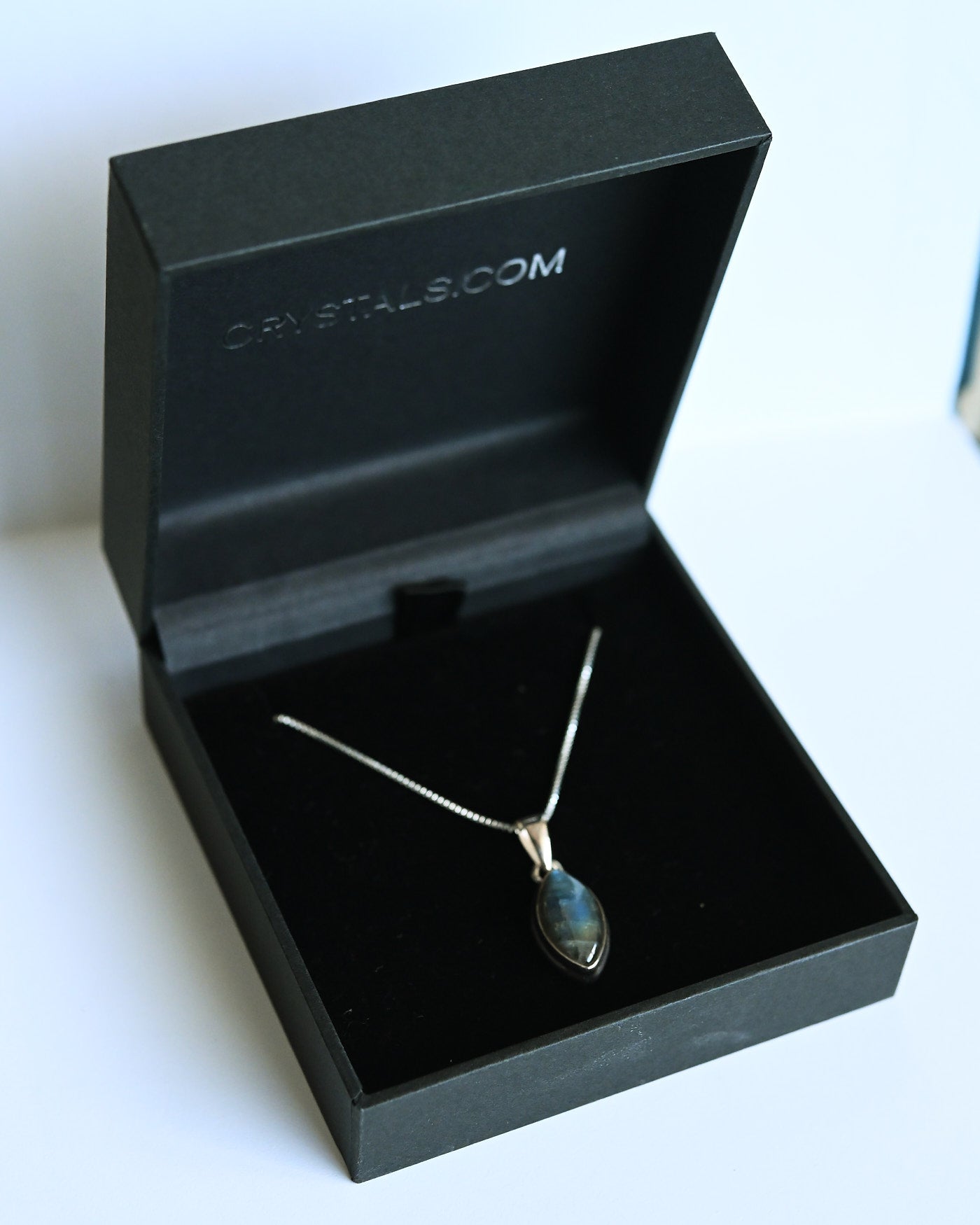 Labradorite Pendant in Crystals.com gift box — marquise cut