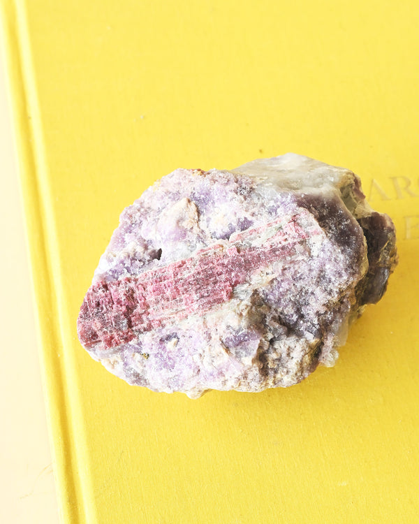 Natural Rough Lepidolite + Pink Tourmaline - tourmaline crystal cluster specimen close up detail