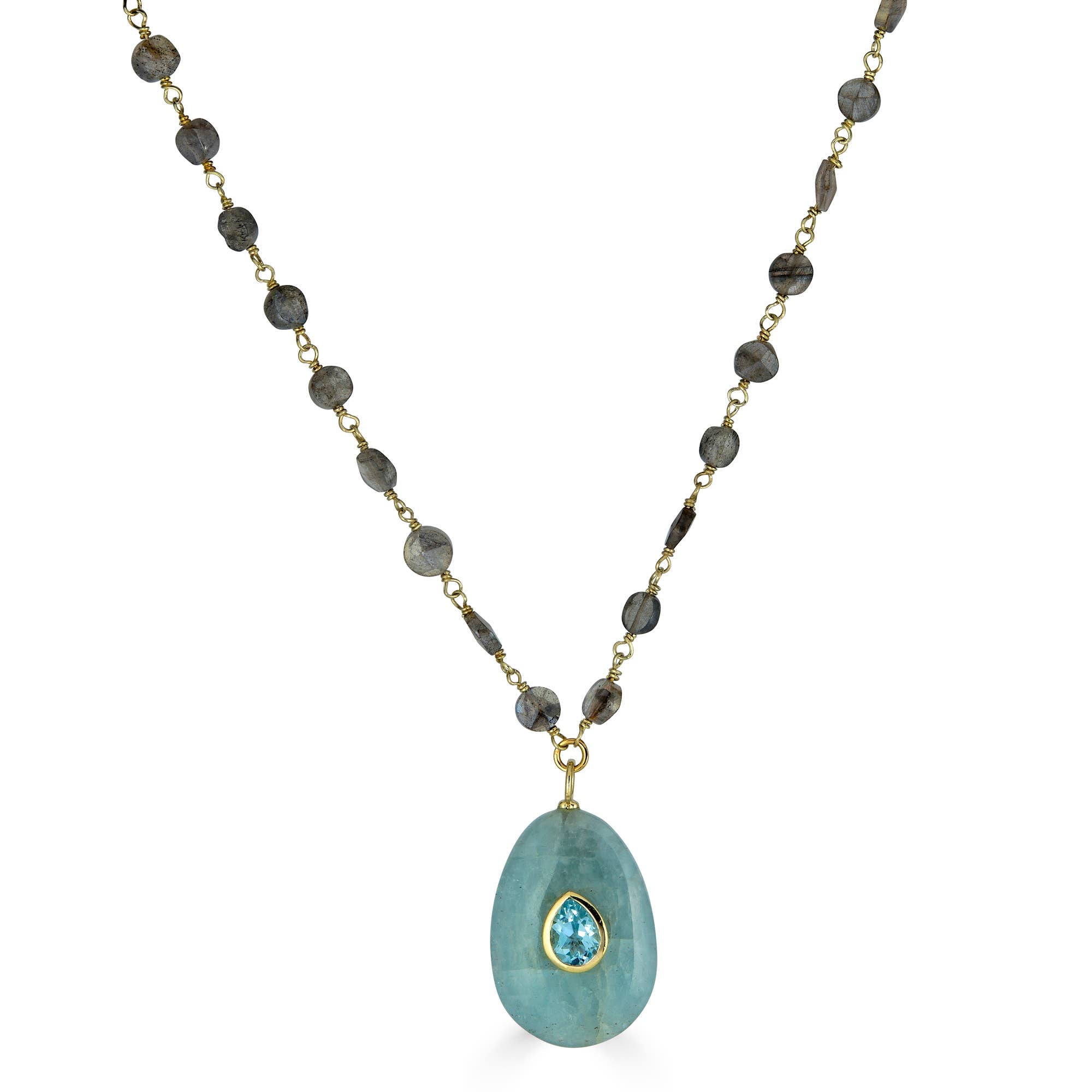 Labradorite and aquamarine pendant necklace in 14k gold vermeil by Rachel Reinhardt