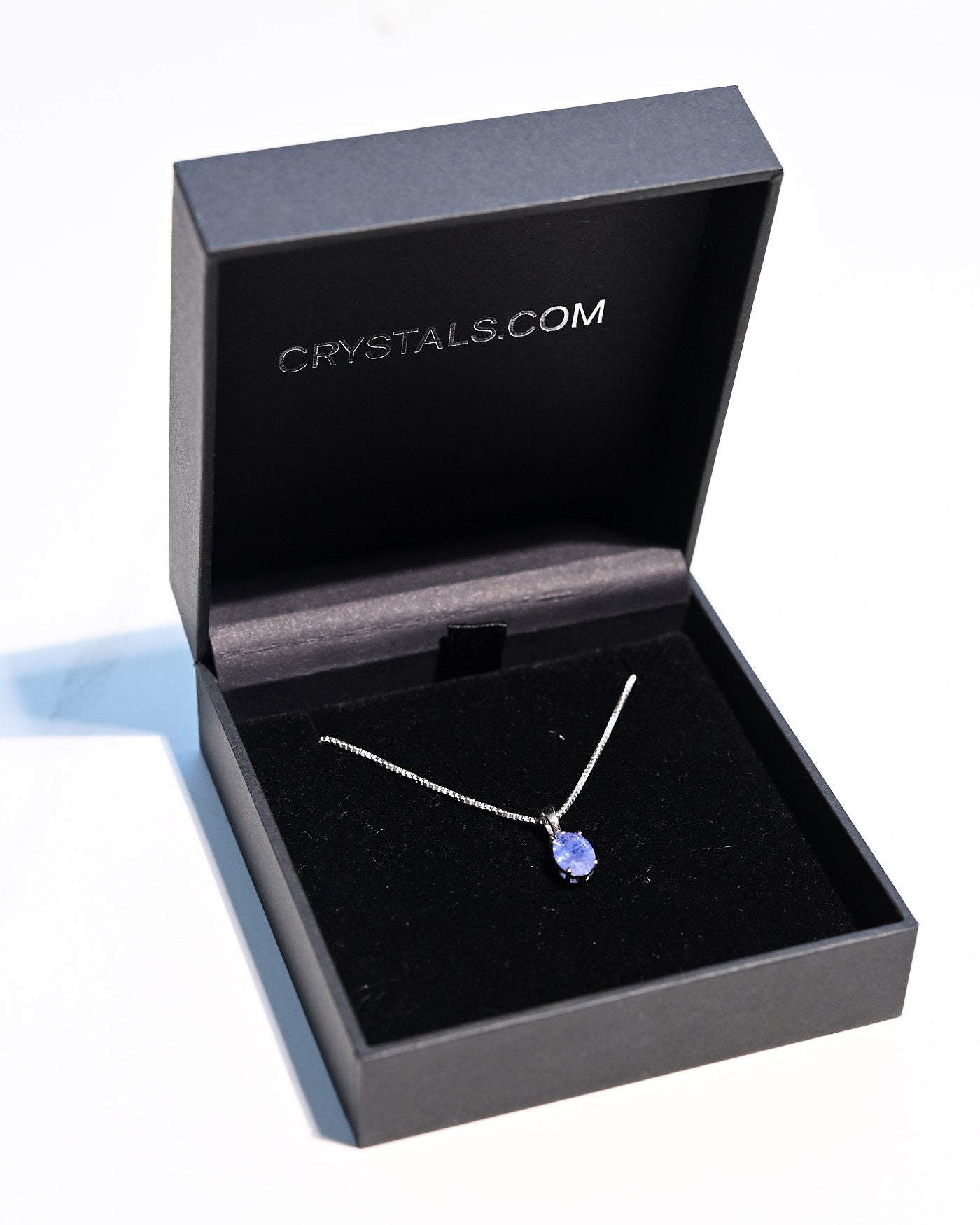 Tanzanite solitaire necklace packaging detail
