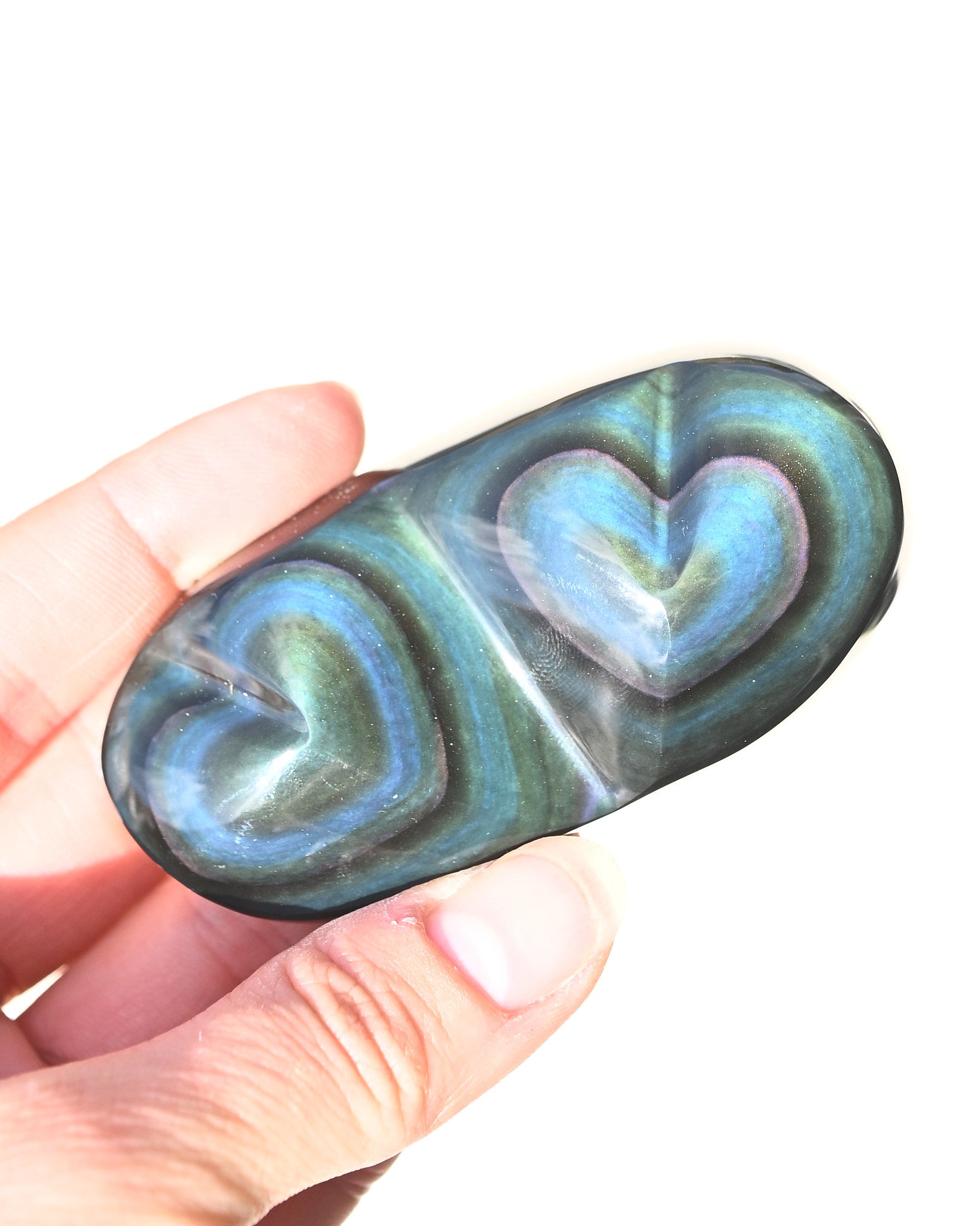 Rainbow Obsidian Double Heart 6.2lbs - obsidian crystal heart shaped in natural light