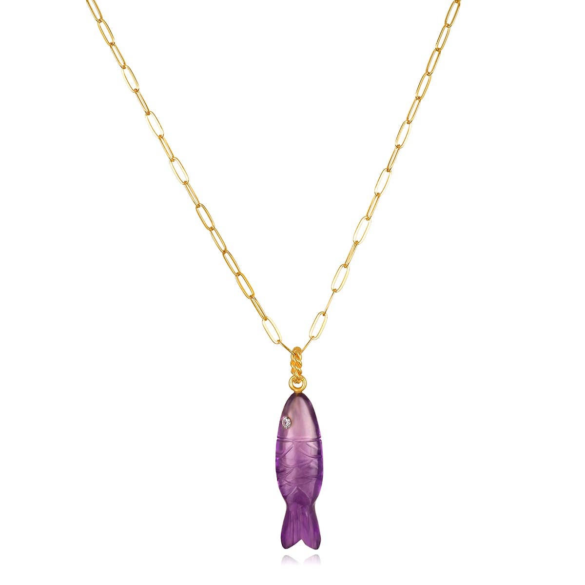 Natural Stone Fish Charm Necklace-Amethyst