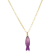 Natural Stone Fish Charm Necklace-Amethyst