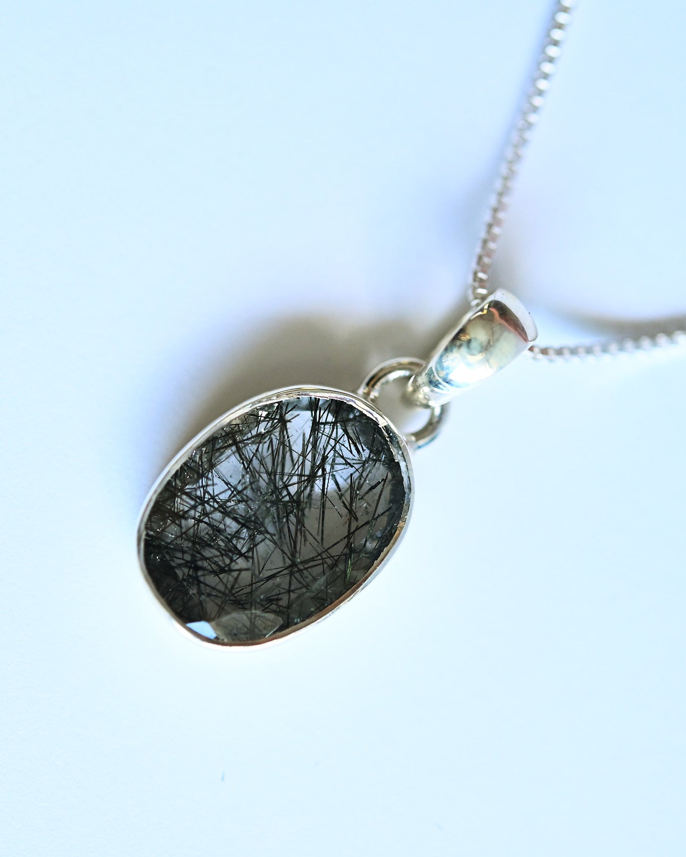 Black Rutile Pendant — Sterling Silver — oval cabochon