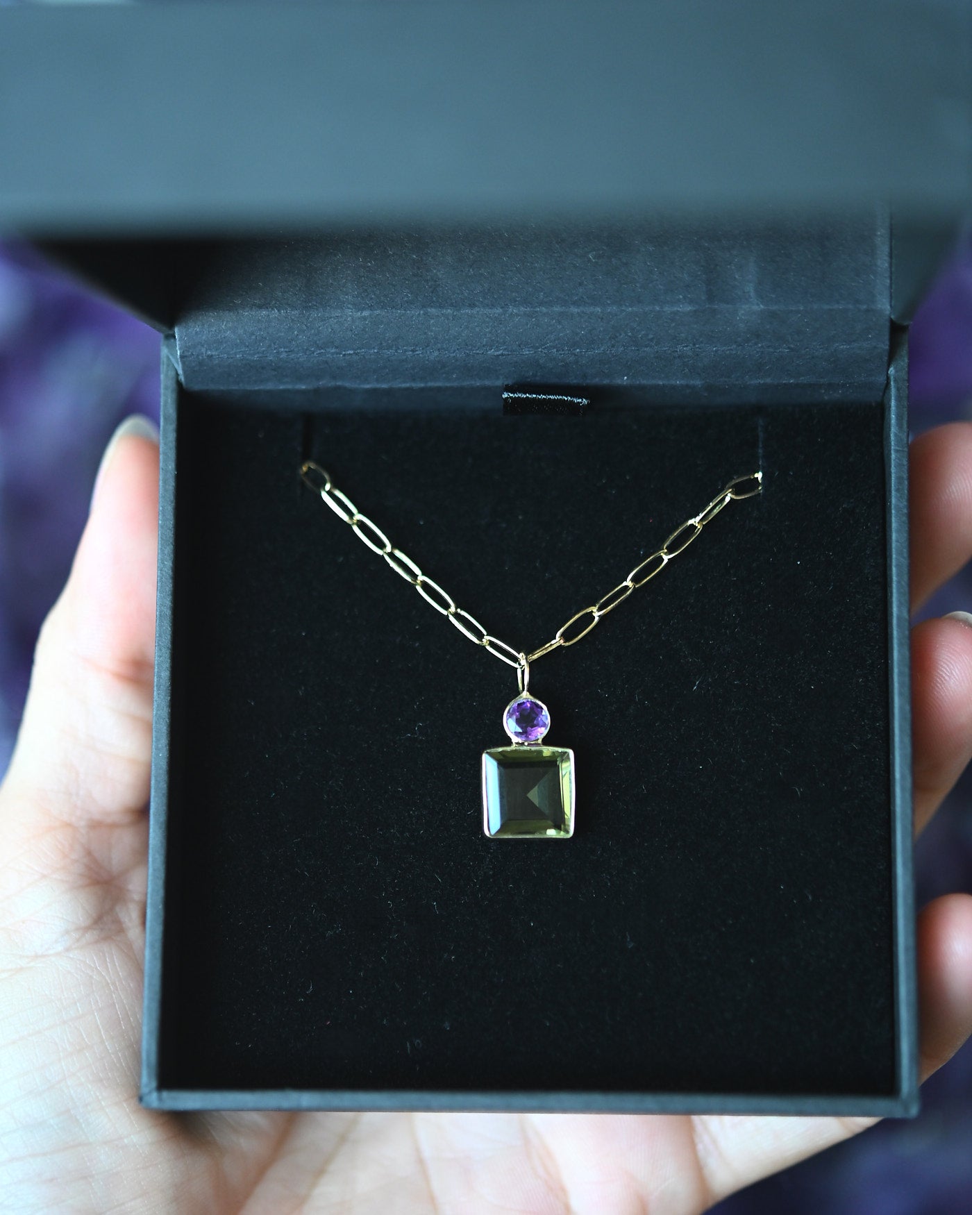 Bezel-Set Green + Purple Quartz Necklace on Paperclip Chain