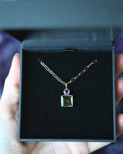Bezel-Set Green + Purple Quartz Necklace on Paperclip Chain
