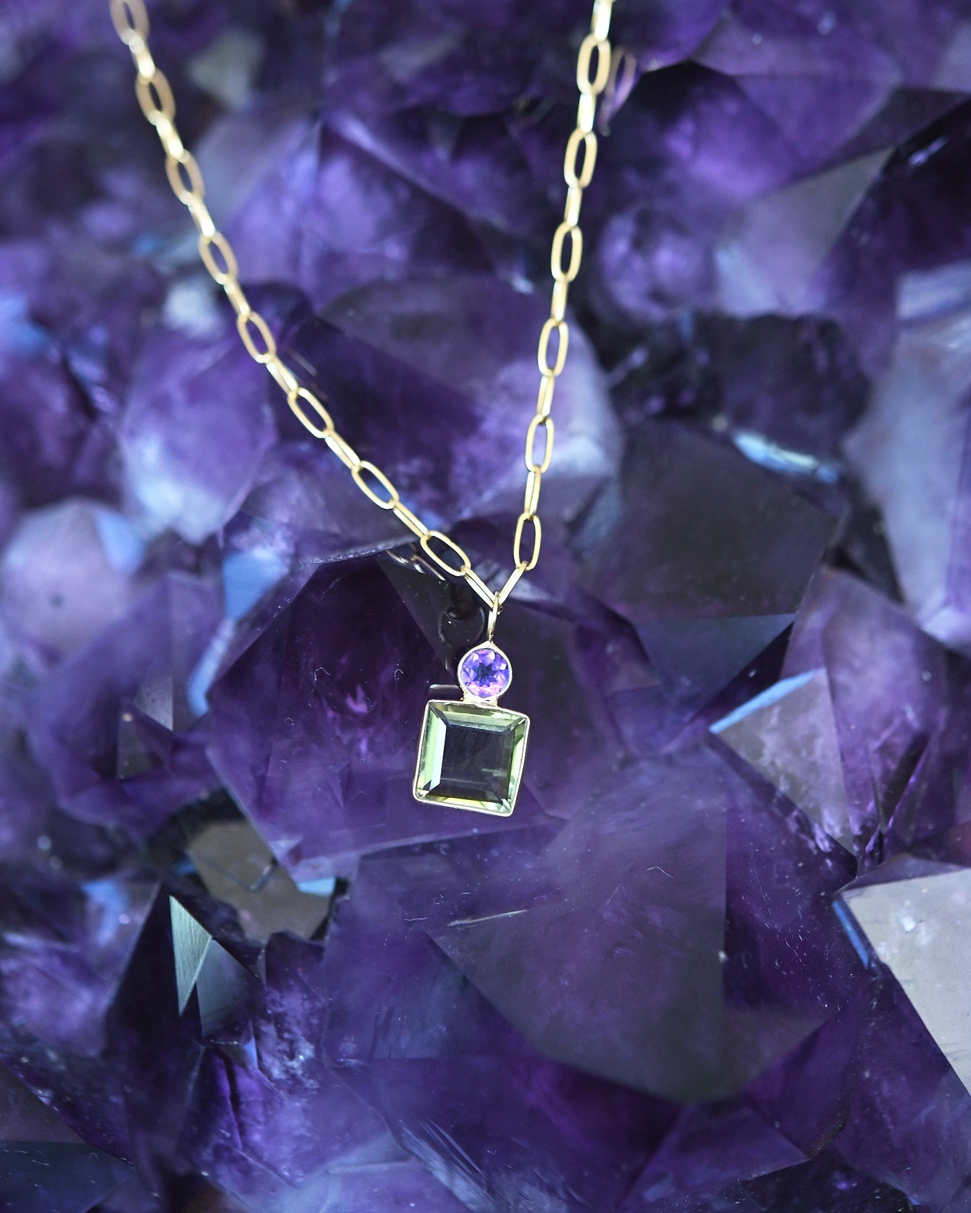 Bezel-Set Green + Purple Quartz Necklace on Paperclip Chain