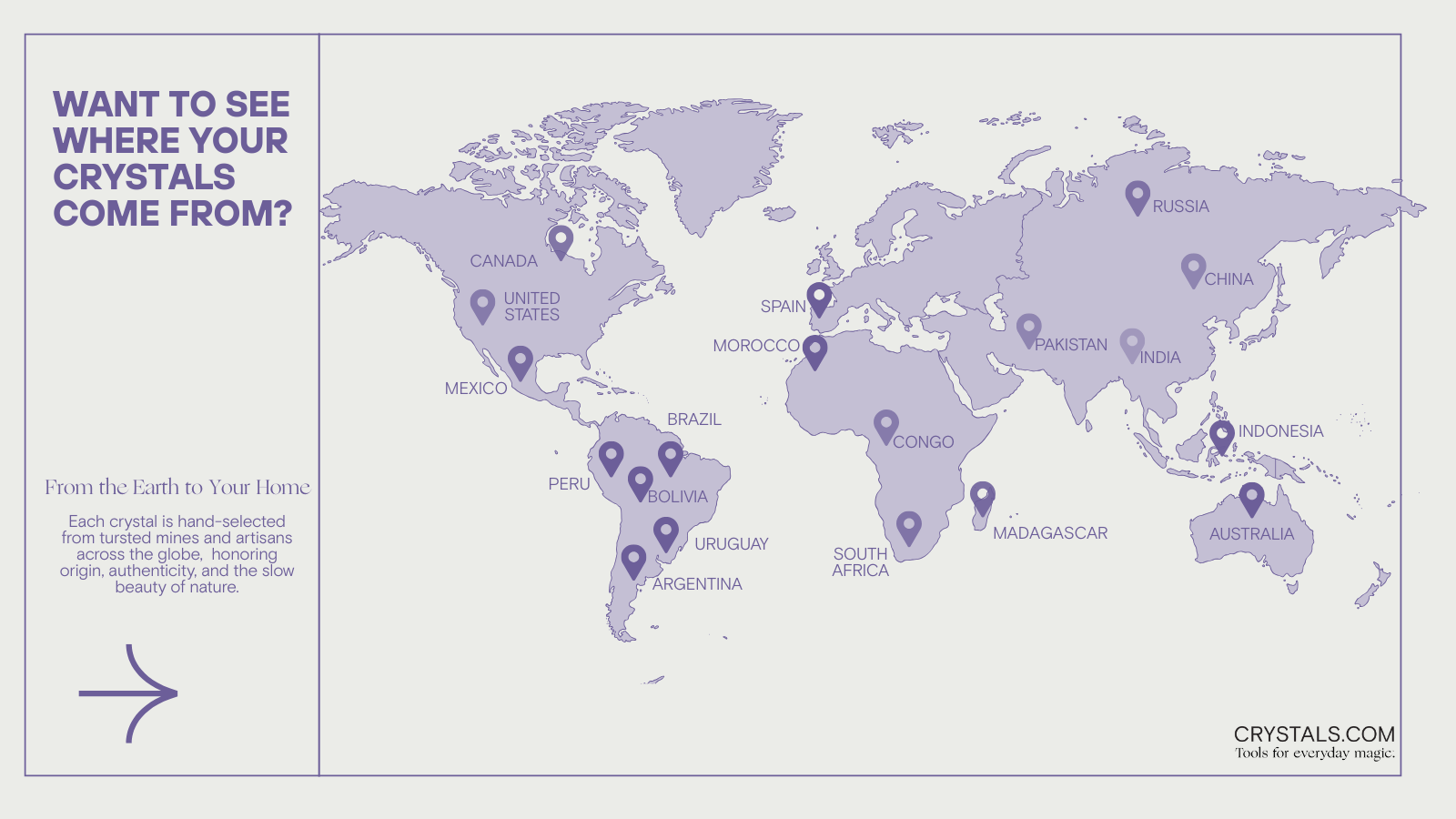 World map with pins for Brazil, Peru, Bolivia, Uruguay, Argentina, United States, Canada, Mexico, Morocco, Spain, Congo, South Africa, Madagascar, Pakistan, India, China, Russia, Indonesia, Australia