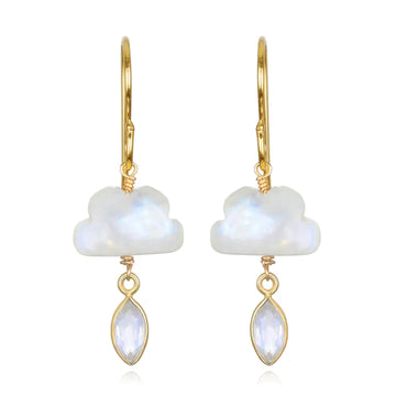 Hand-carved rainbow moonstone cloud earrings with bezel-set drops — 14k gold-filled hooks