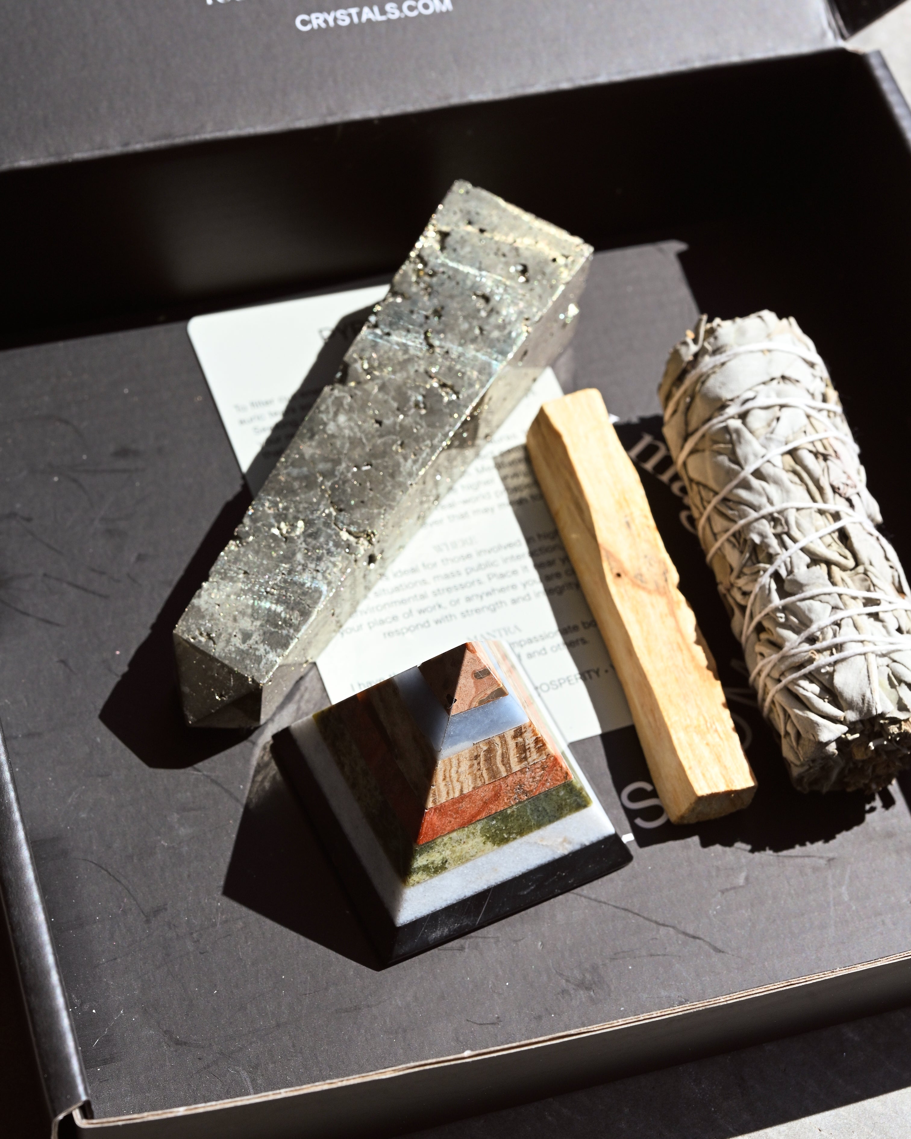 Crystal Protection & Chakra Balancing Set – Pyrite, Sage & Palo Santo