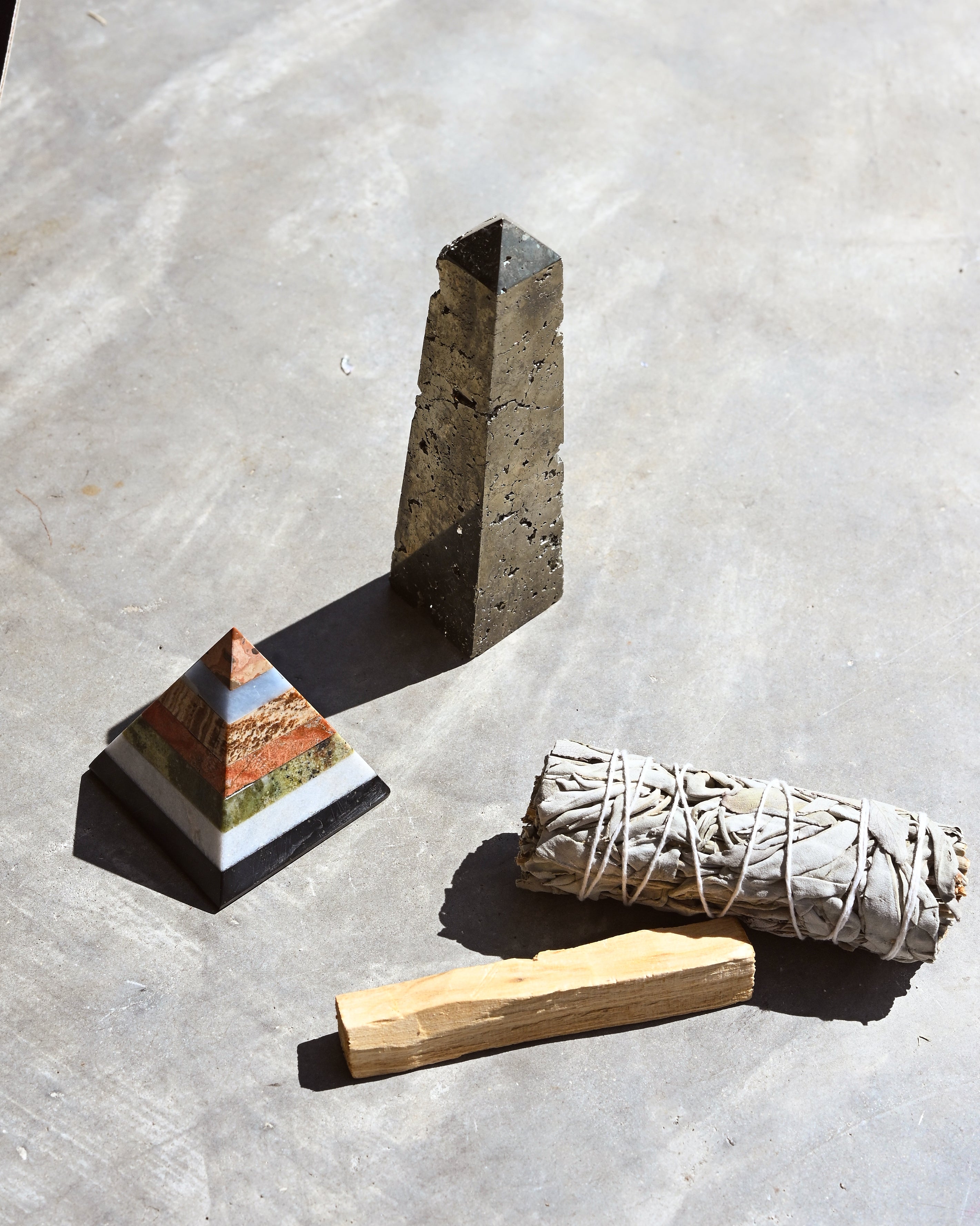 Crystal Protection & Chakra Balancing Set – Pyrite, Sage & Palo Santo