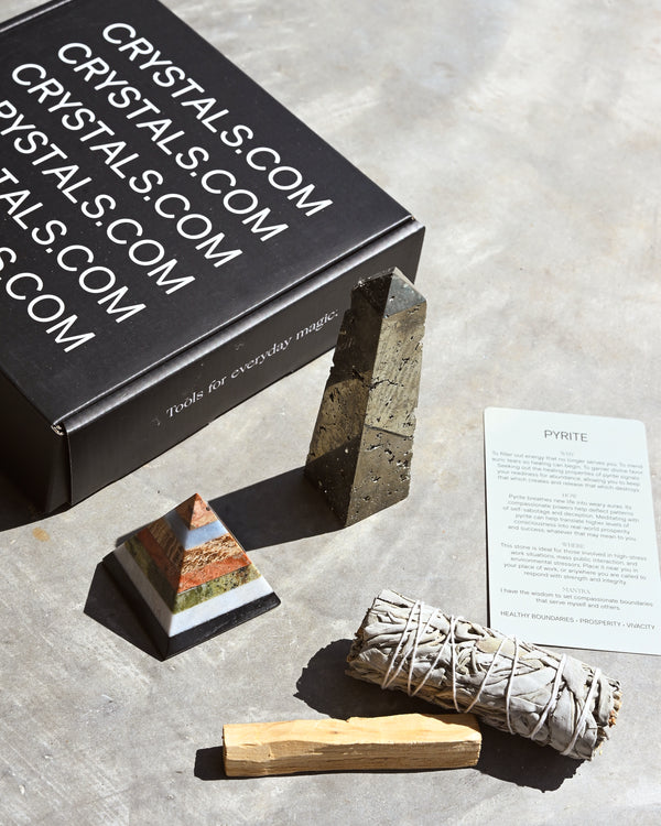 Crystal Protection & Chakra Balancing Set – Pyrite, Sage & Palo Santo