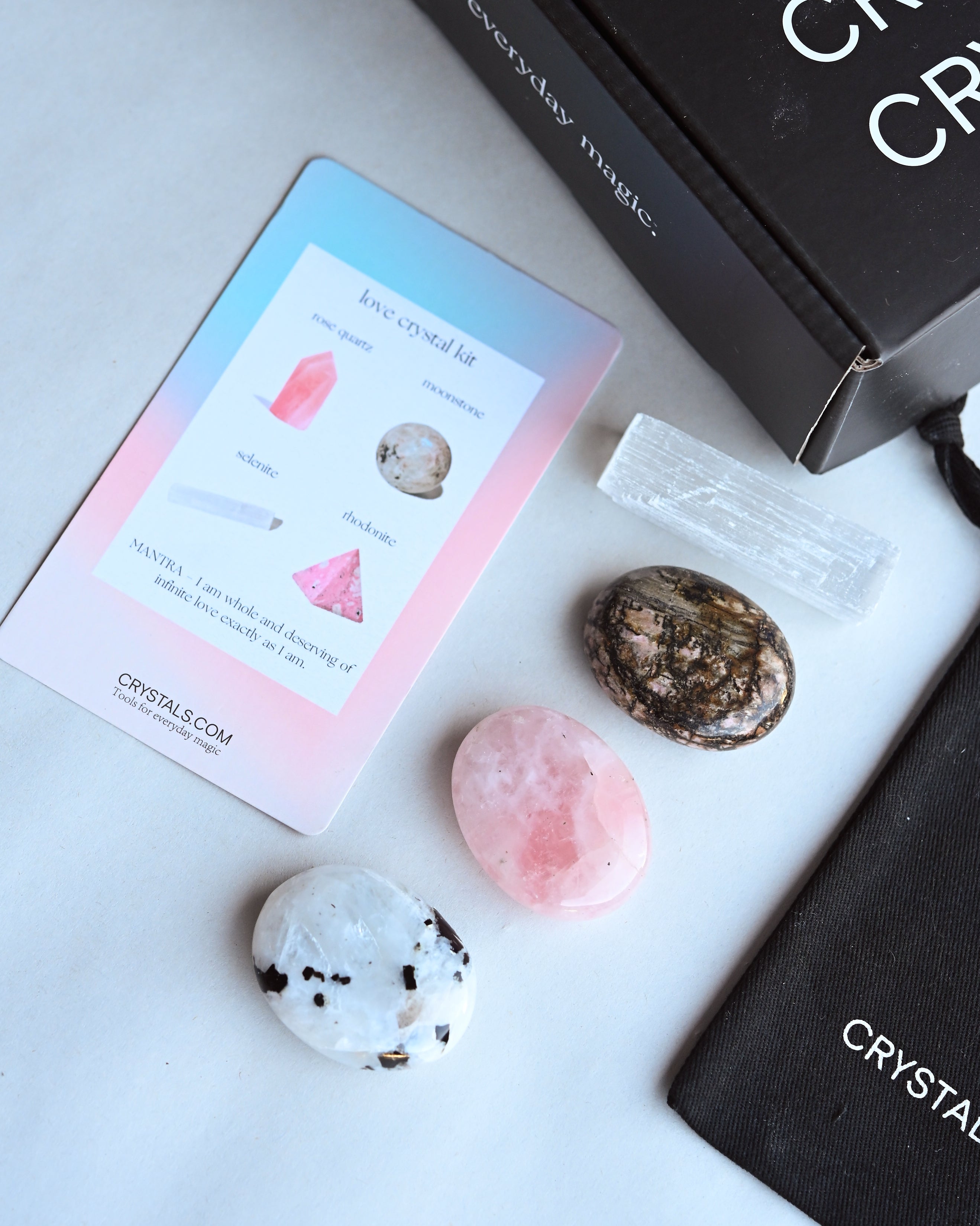 Love Crystal Kit – Rose Quartz, Moonstone, Rhodonite & Selenite