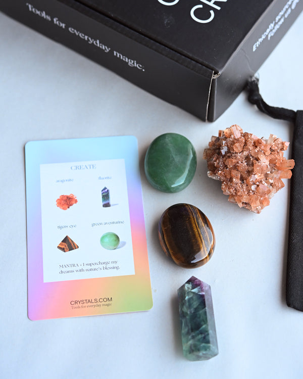 Create Crystal Kit – Fluorite, Aventurine, Tiger’s Eye & Aragonite
