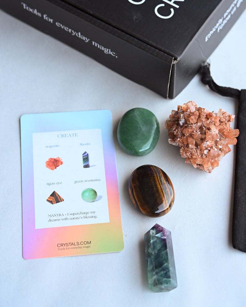 Create Crystal Kit – Fluorite, Aventurine, Tiger’s Eye & Aragonite