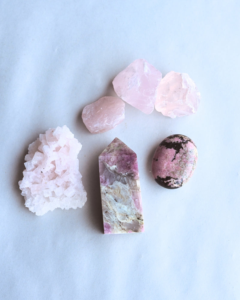 Love + Compassion Crystal Kit – Rhodonite, Pink Halite, Pink Tourmaline & Rose Quartz Set