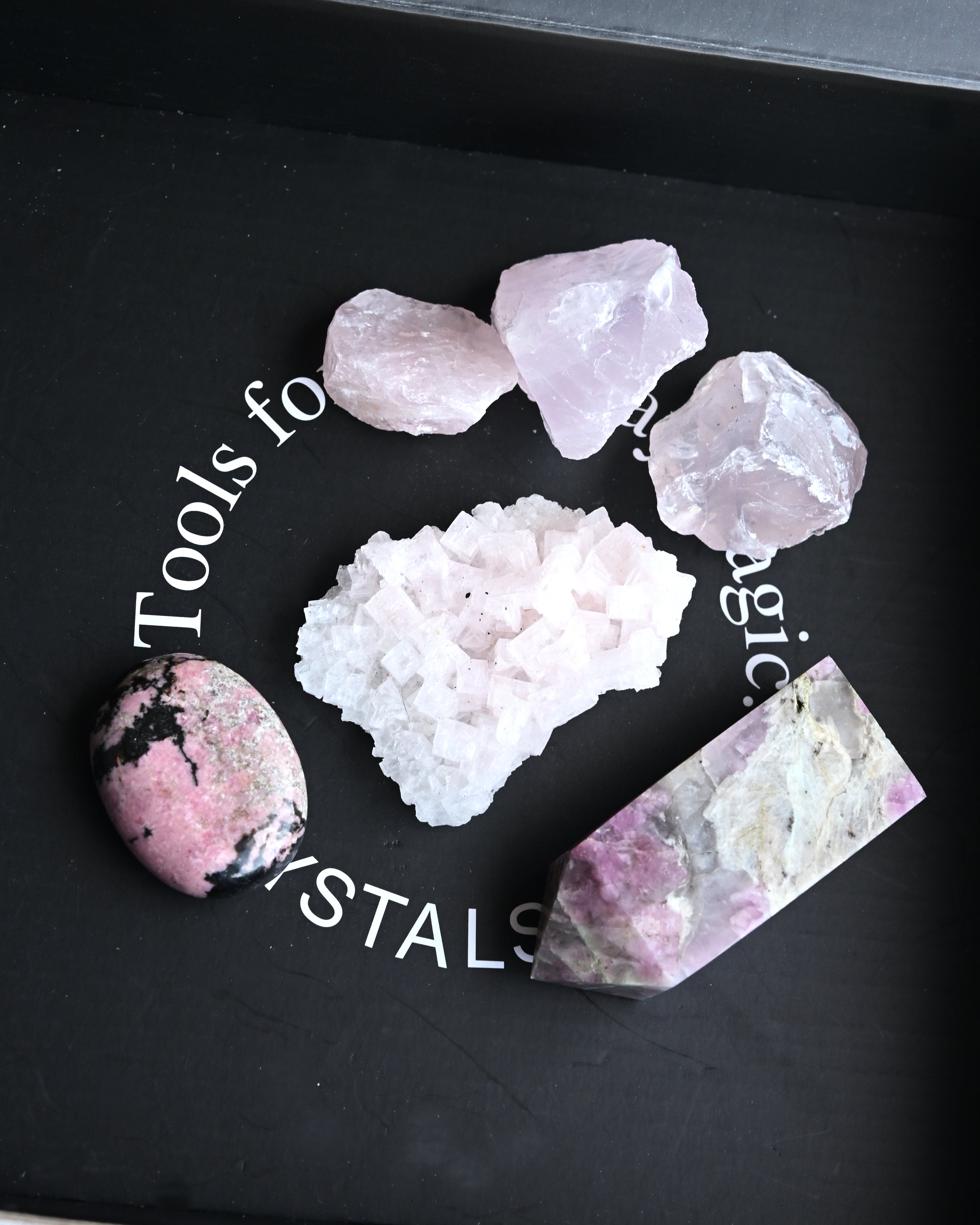Love + Compassion Crystal Kit – Rhodonite, Pink Halite, Pink Tourmaline & Rose Quartz Set