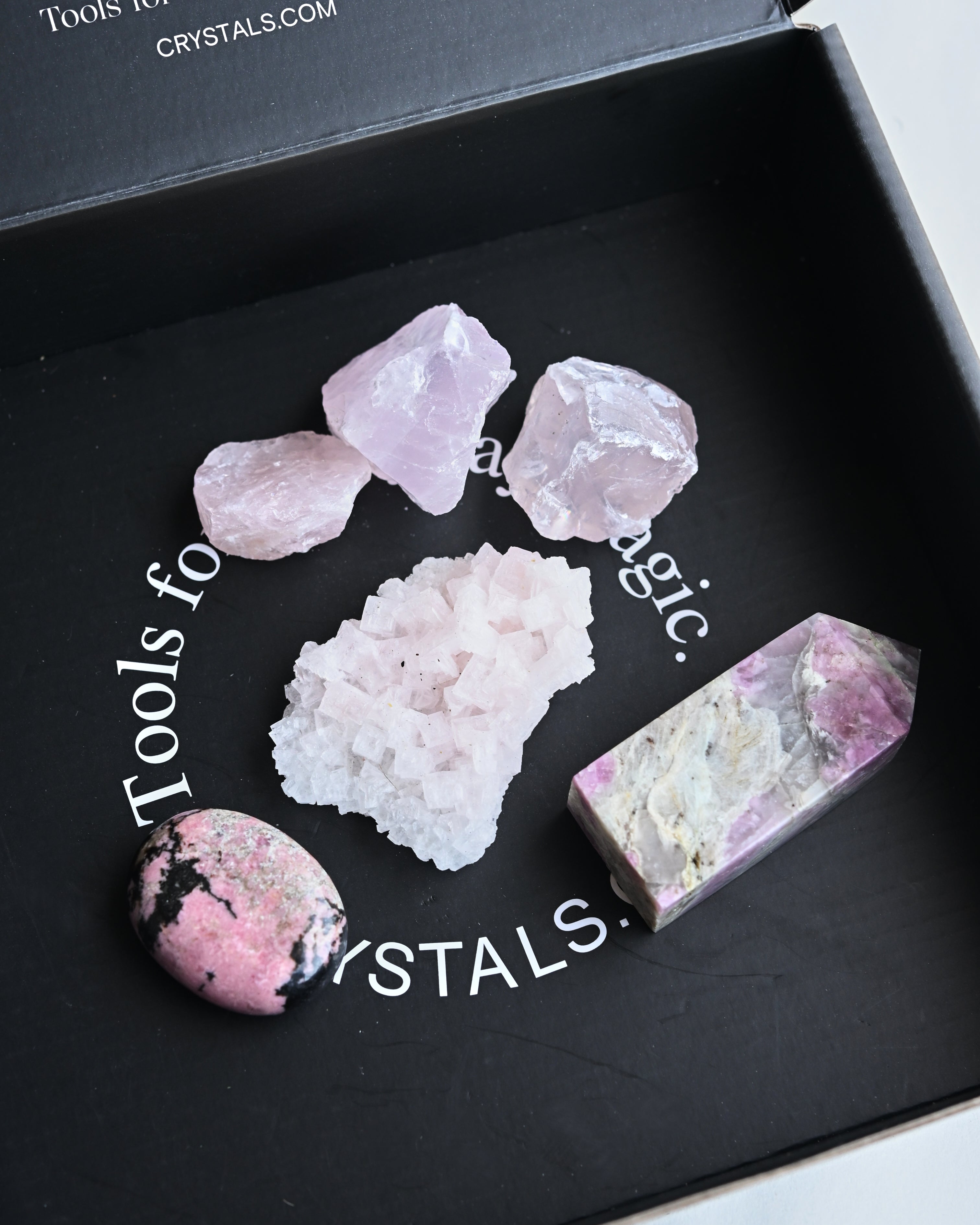 Love + Compassion Crystal Kit – Rhodonite, Pink Halite, Pink Tourmaline & Rose Quartz Set