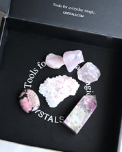 Love + Compassion Crystal Kit – Rhodonite, Pink Halite, Pink Tourmaline & Rose Quartz Set