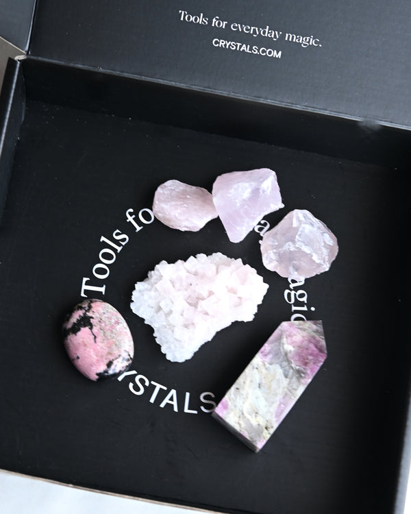 Love + Compassion Crystal Kit – Rhodonite, Pink Halite, Pink Tourmaline & Rose Quartz Set