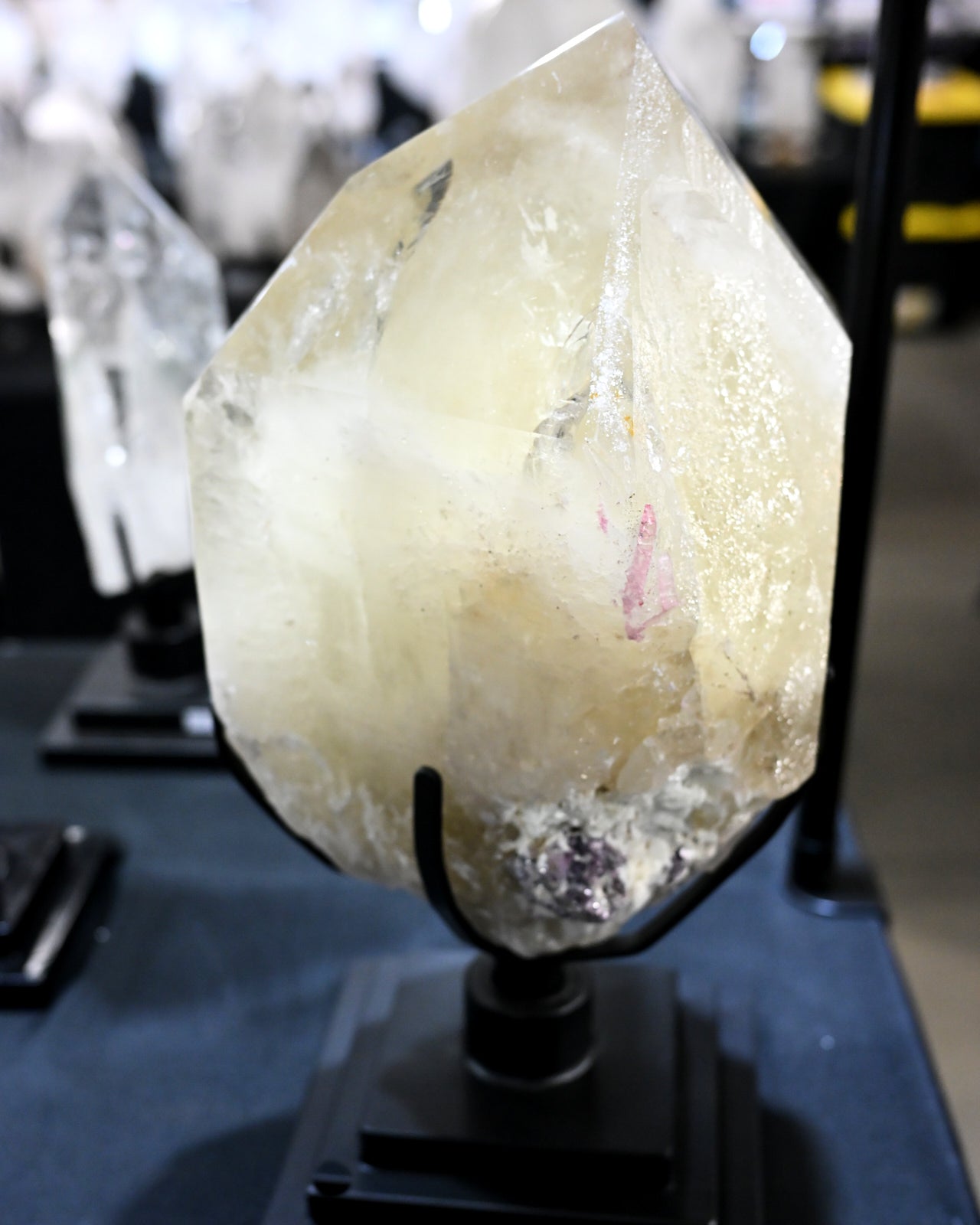 49lbs Natural Citrine with Pink Tourmaline, Lepidolite + Feldspar on Spinning Stand