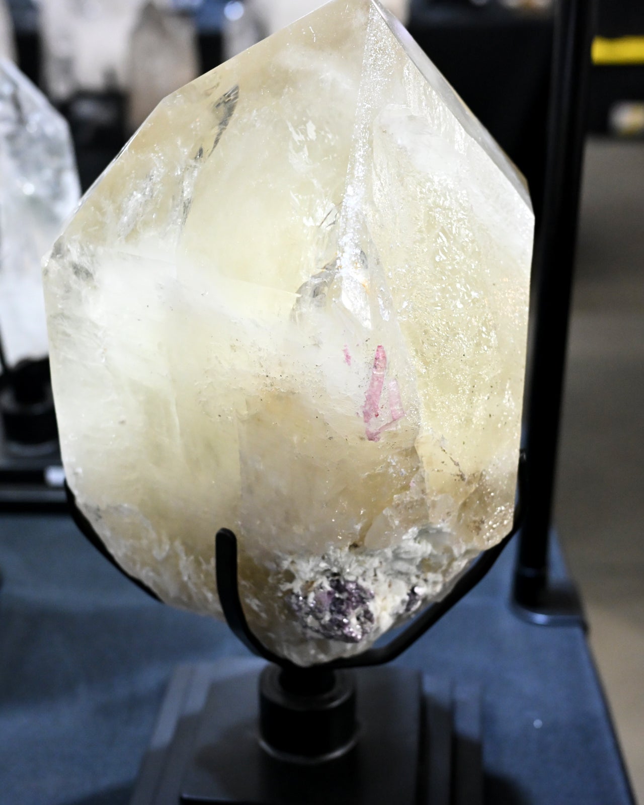49lbs Natural Citrine with Pink Tourmaline, Lepidolite + Feldspar on Spinning Stand