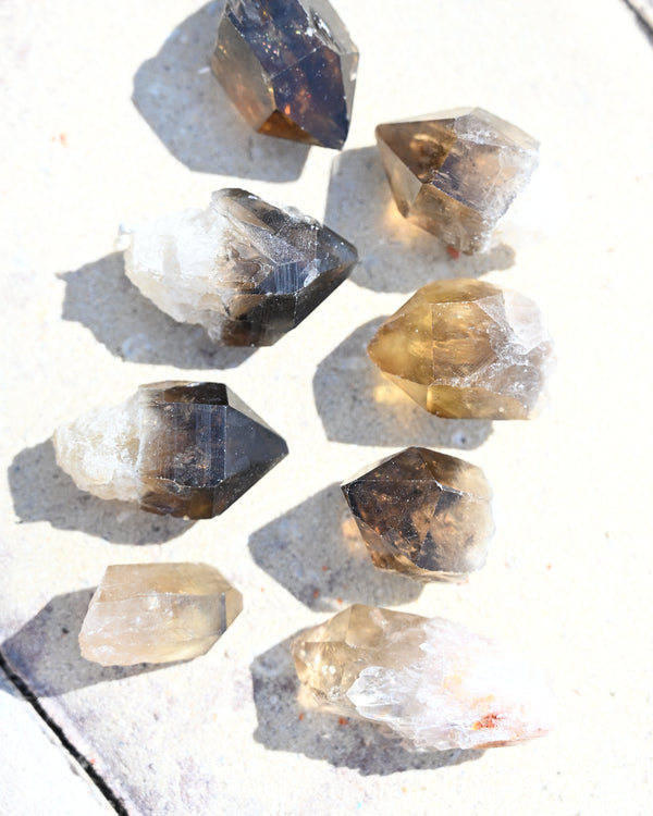 Smoky Elestial Citrine Point Mini - natural citrine crystal point close up detail