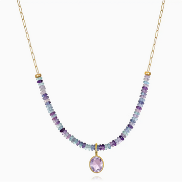 Faceted fluorite and amethyst beaded necklace on 14k gold-filled paperclip chain, 16-18 inch