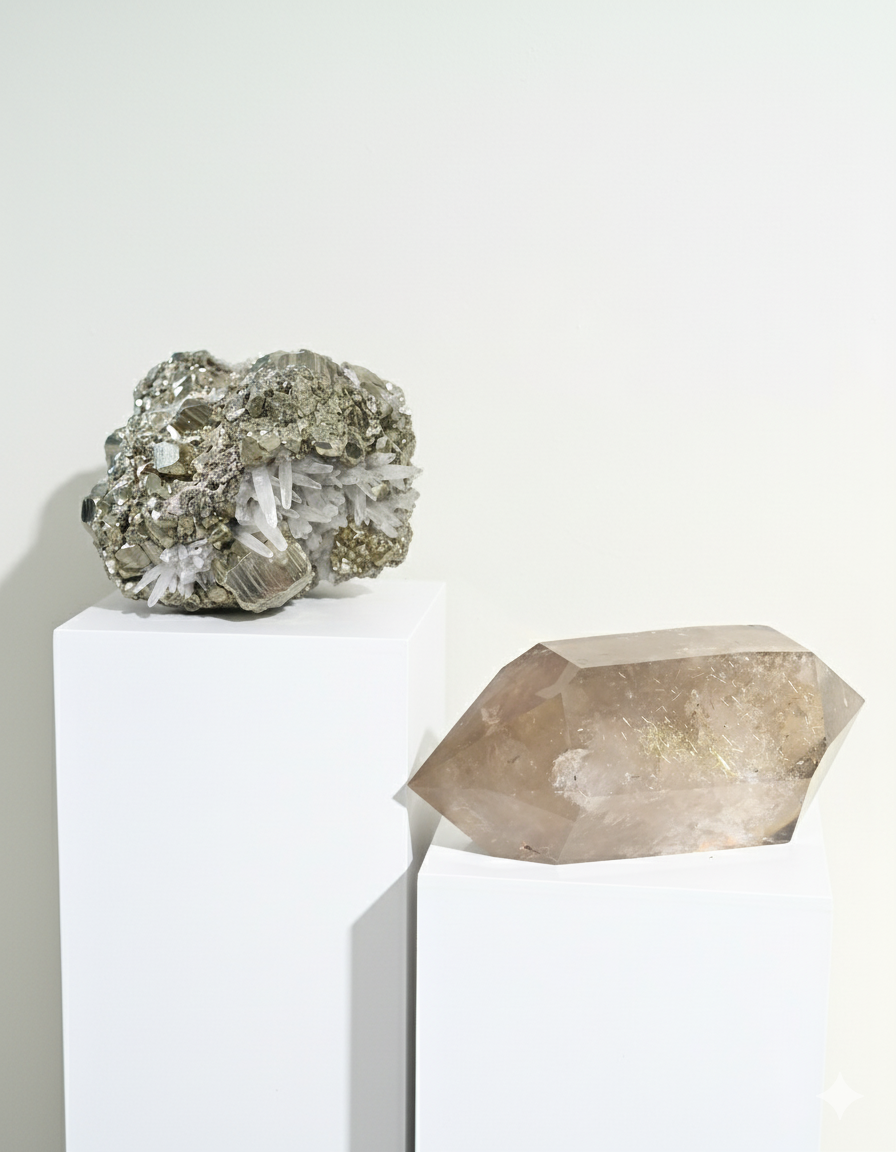 Rare Golden Rutile Smoky Quartz + Pyrite Quartz Duo | Museum-Grade Crystals