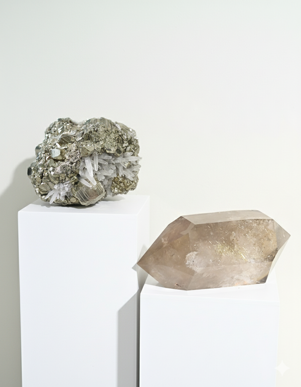 Rare Golden Rutile Smoky Quartz + Pyrite Quartz Duo | Museum-Grade Crystals
